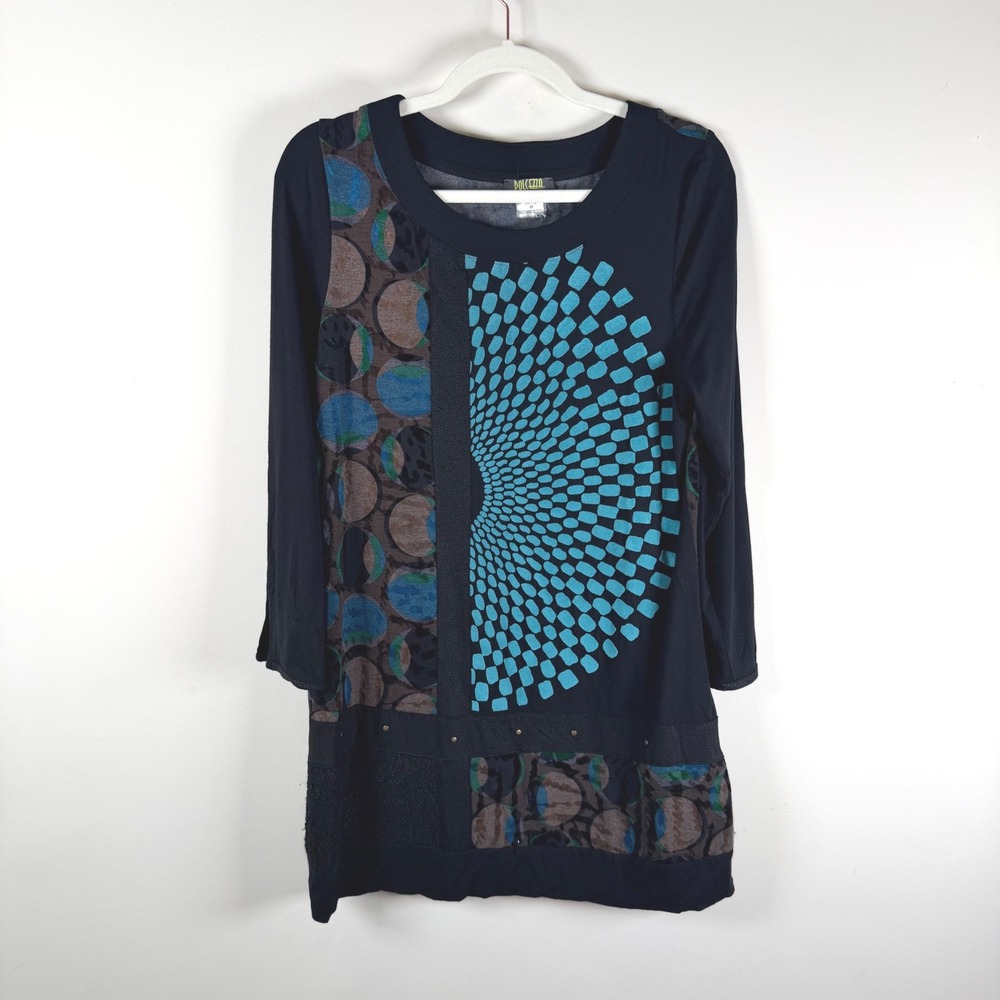 Dolcezza Medium Black Blue Abstract Print Long Sleeve Tunic Top Art-to-wear
